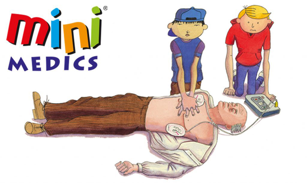 Image of the mini medics logo and a drawing of two children helping perform CPR on an elderly man.